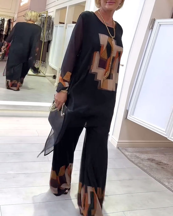 Pak Elegant Lange Mouwen Bedrukt Wijde Pijpen