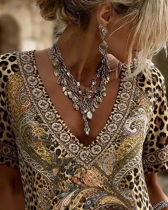 Blouse V-Hals Luipaard Print Korte Mouw Relaxed