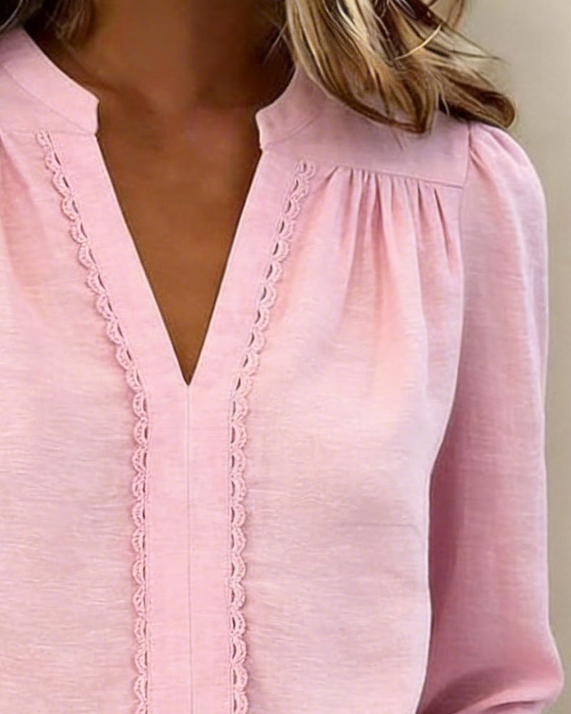 Effen Top Met V-Hals En Patchworkdetail