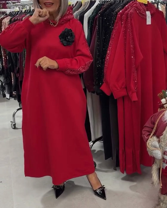 Jurk Met Capuchon Glitter Applicatie Lang