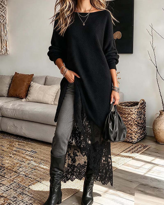 Jurk Losse Kant Patchwork Effen