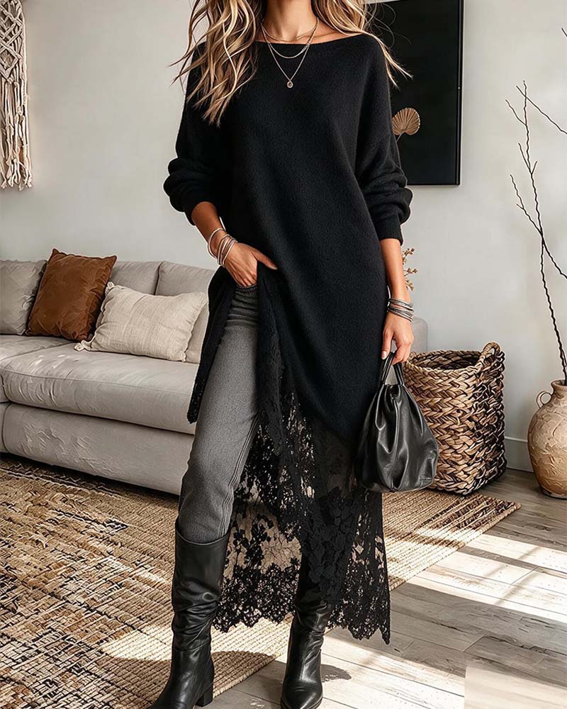 Jurk Losse Kant Patchwork Effen