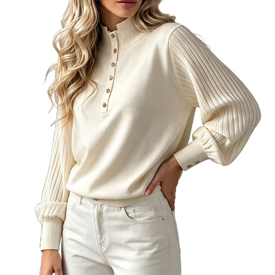 Pullover Turtleneck Knoop Geribd Pofmouw Trui