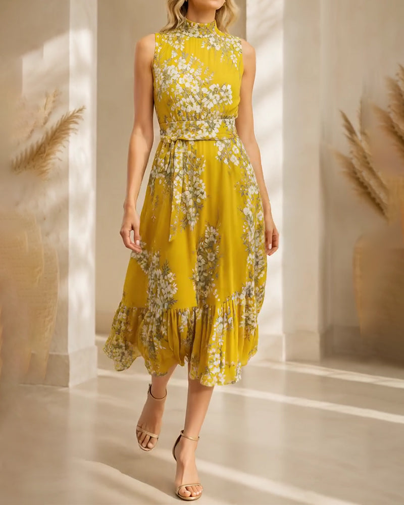 Jurk Mock Neck Mouwloos Getailleerd Bloemen