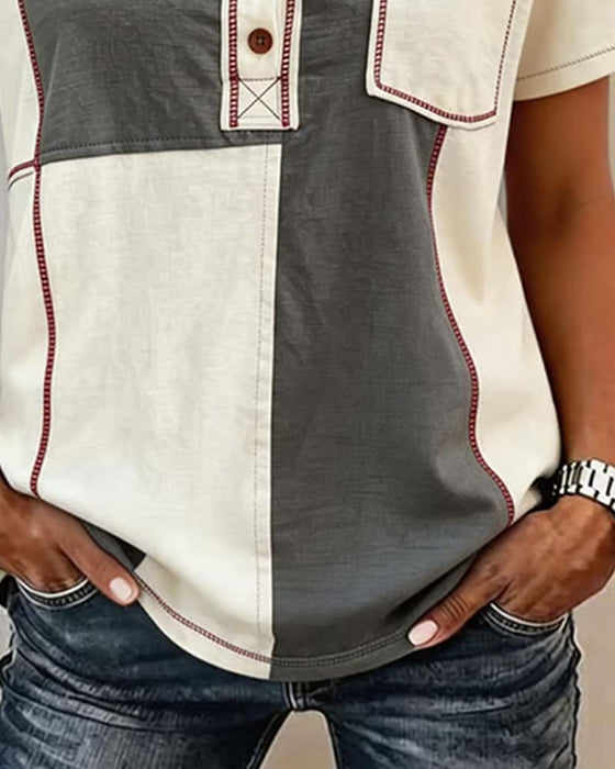 T-Shirt Contrastkleur Rondhals Knoop Patchwork