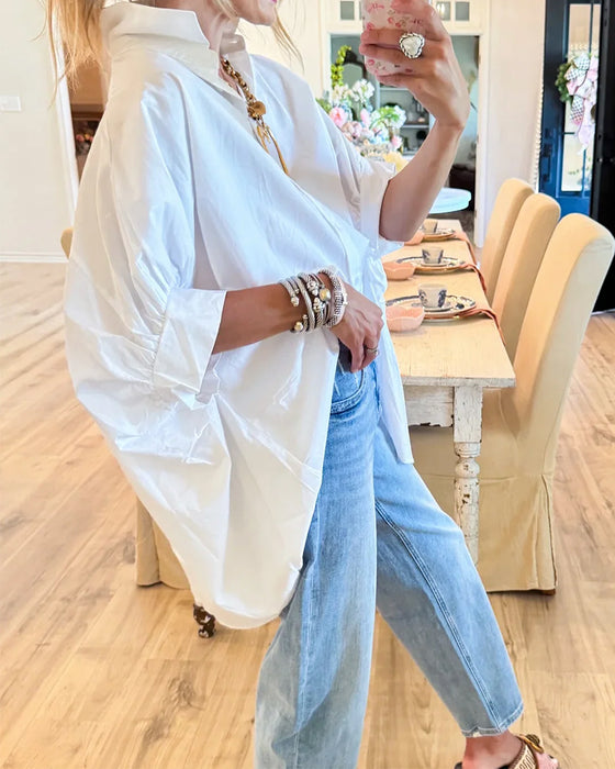 Blouse Losse Pasvorm Vallende Schouder Wit Lange Mouw