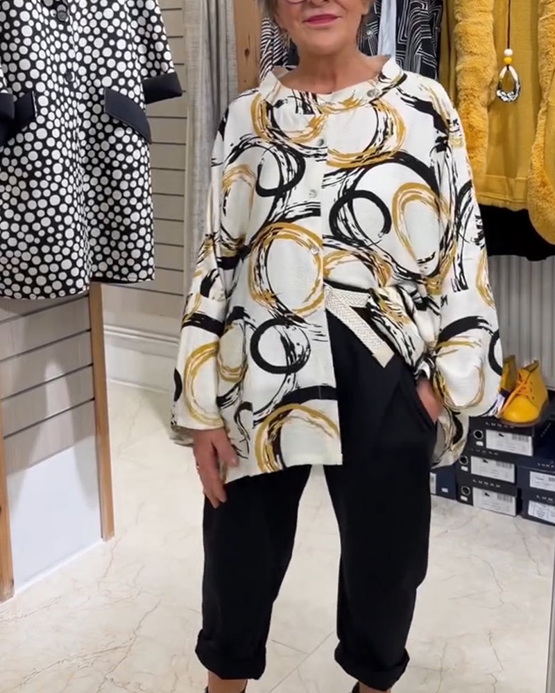 Overhemd Staande Kraag Knoop Uniek Print