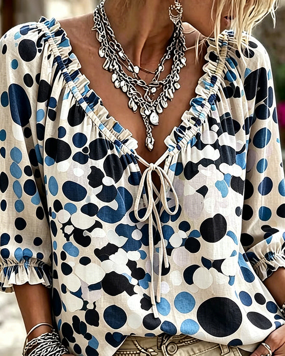 Blouse V-Hals Stippen Met Vetersluiting