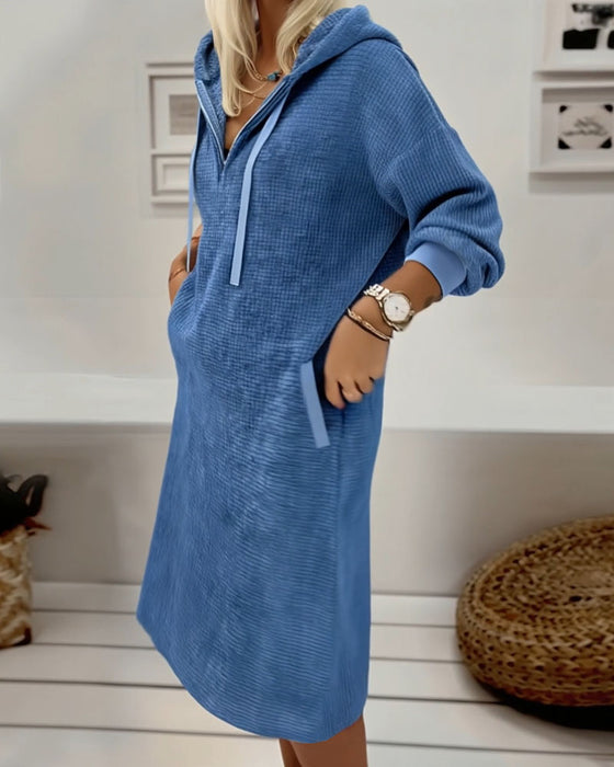 Jurk Van Fleece Met Waffelstof Casual Met Capuchon