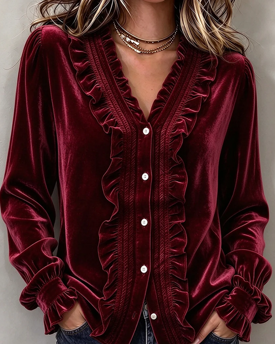 Blouse Velvet Ruffle-Trim V-Neck Langmouw