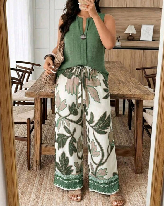 Set Mouwloze Top Botanische Print Wijd Pijp Broek