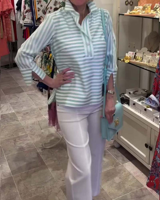 Blouse Gestreept Knoopsgat Driekwart Mouw