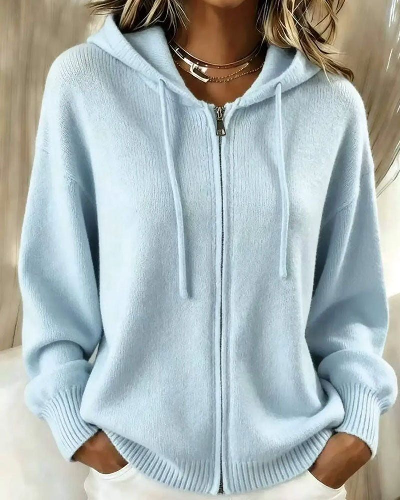 Cardigan Met Capuchon Drop Schouder Rits Gebreid
