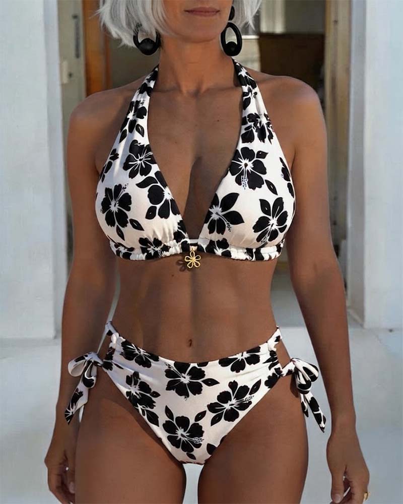 Bikini Hibiscus Print Halter