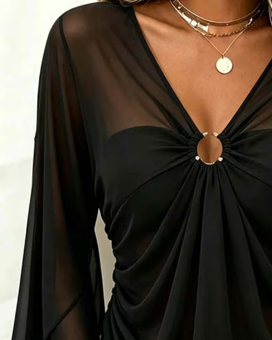 Blouse V-Hals Metalen Ring Twist