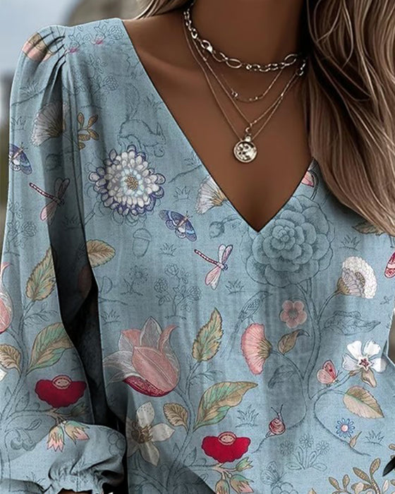 Blouse Met Bloemen- En Insectenprint Pofmouwen