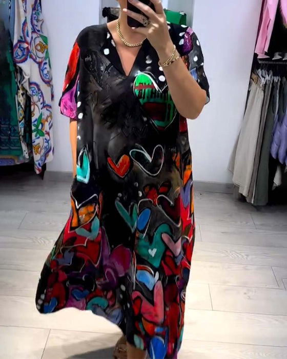 Liefdes-casual jurk met V-hals en print