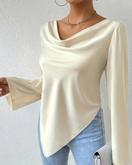Casual effen kleur geplooide blouse met onregelmatige lange mouwen