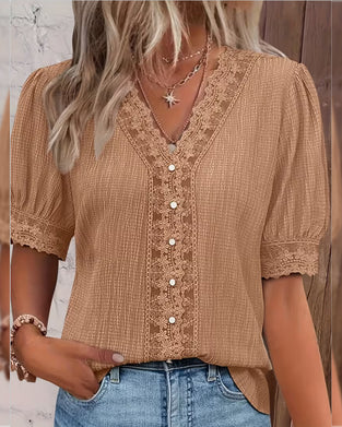 Blouse Kant Patchwork V-Hals Pof Mouw
