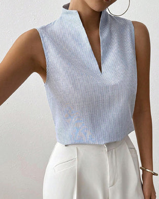 Mouwloze V-Hals Gestreepte Blouse