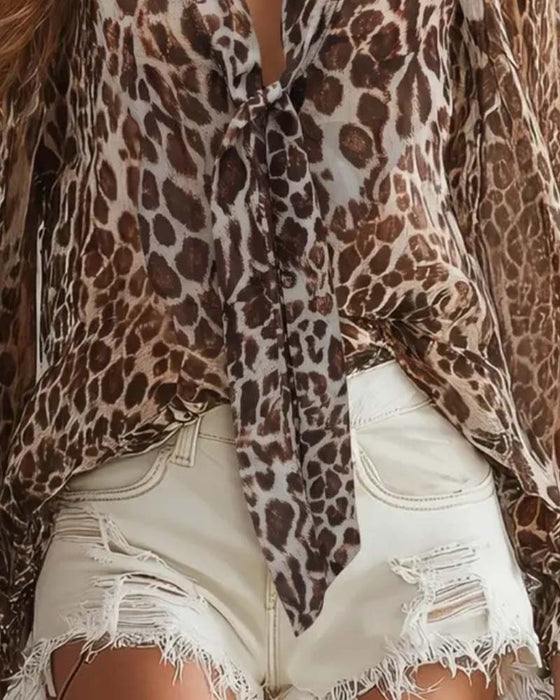 Blouse V‑hals Luipaardprint Doorzichtig Lange‑mouw
