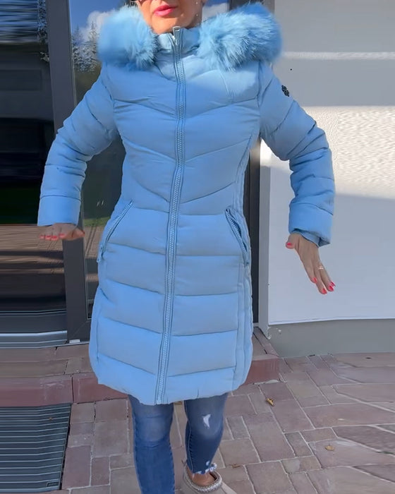 Casual effen kleur gewatteerde jas met ritszak en capuchon