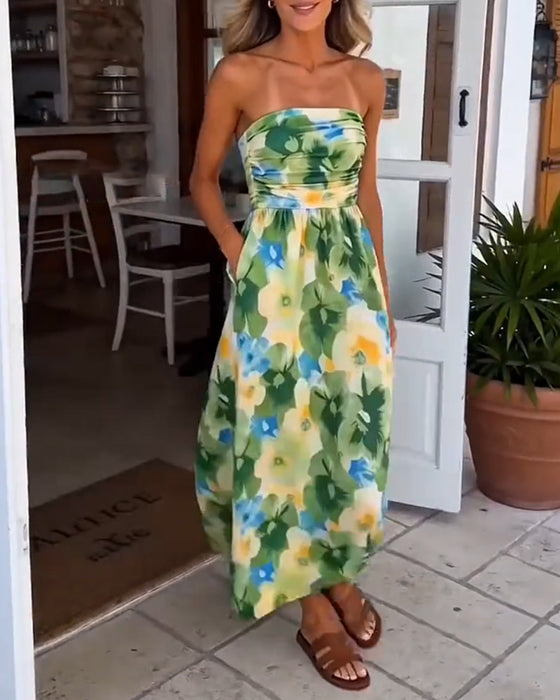 Jurk Bloemen Strapless Taille A-Lijn