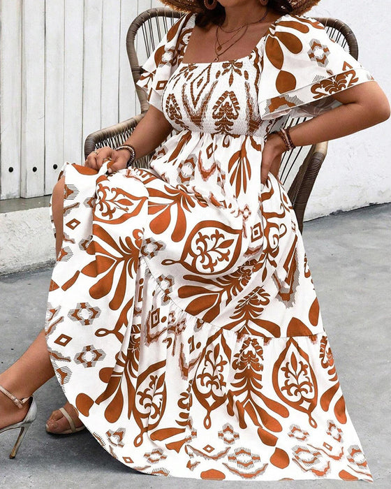 Jurk Blauw Porselein Vierkante Hals Print Maxi
