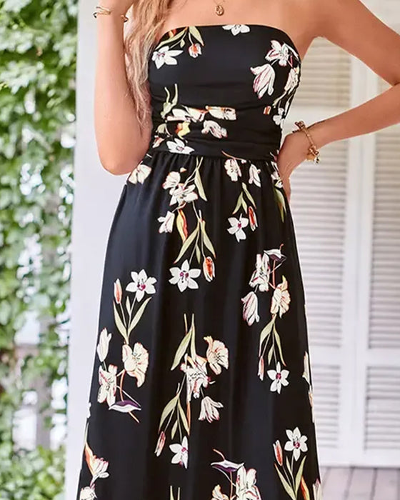 Jurk Bloemen Strapless Taille A-Lijn