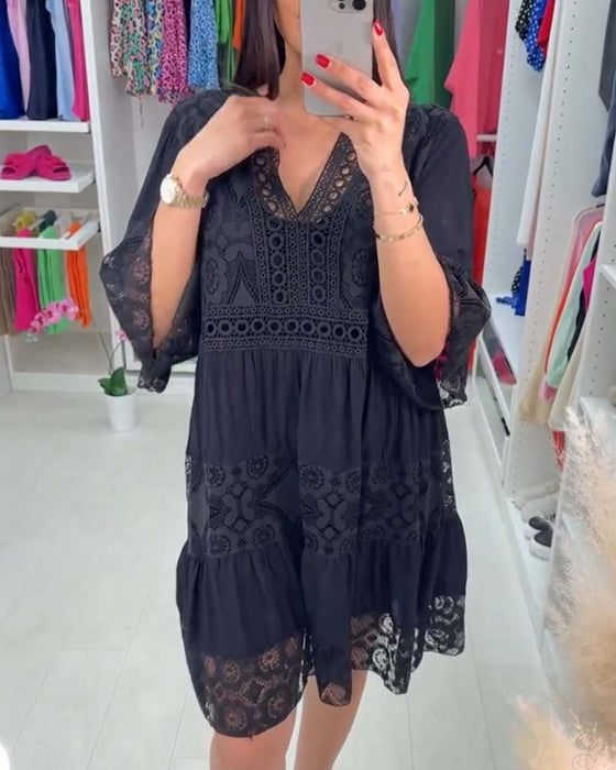 Effen kleur kanten elegante jurk met V-hals