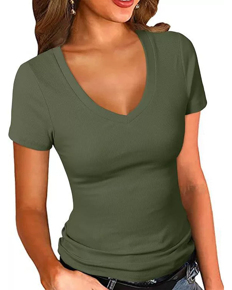 T-Shirt Geribbeld Slim Fit V-Hals Korte Mouw