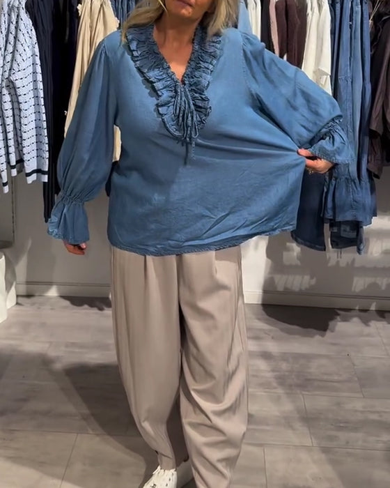 Blouse Ruche Rand Strik Denim