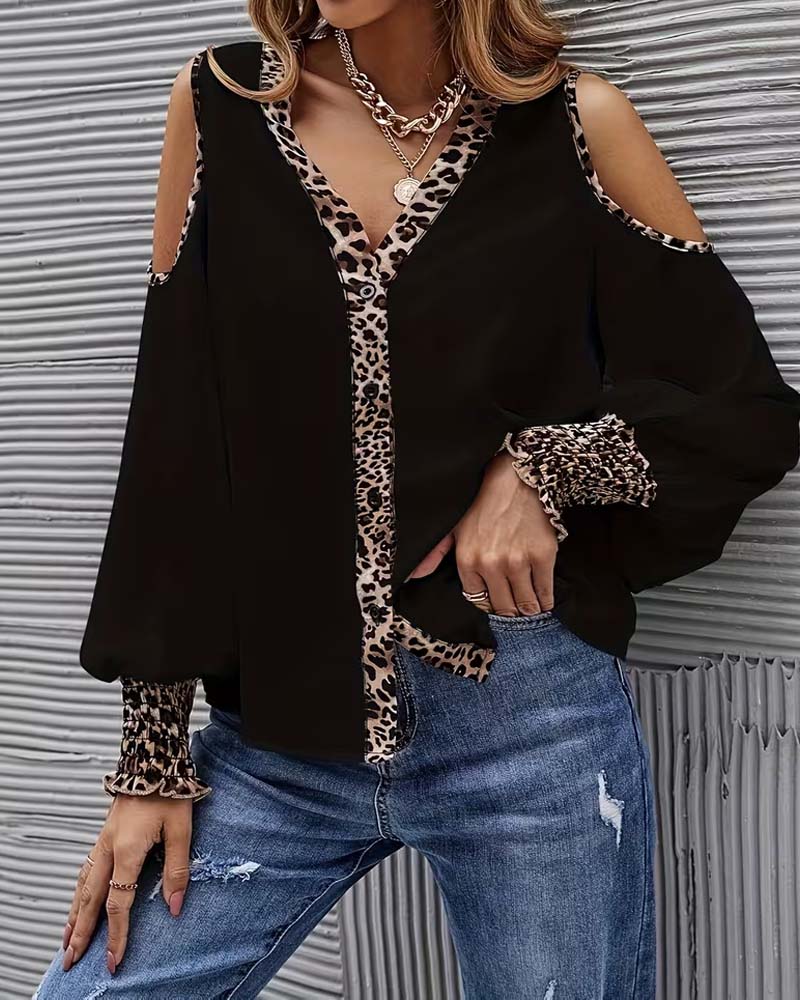 Blouse Off-Schouder Luipaard Patchwork Lange Mouw