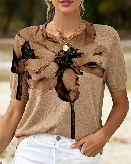 Pullover Bloemenpatroon Gebreid Korte Mouw