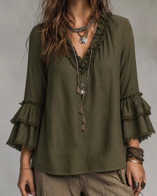 Blouse V-Hals Twee-Niveau Mouw Ruffle