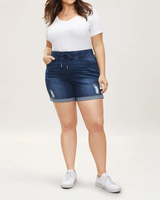 Shorts Elastische Taille Gescheurde Denim