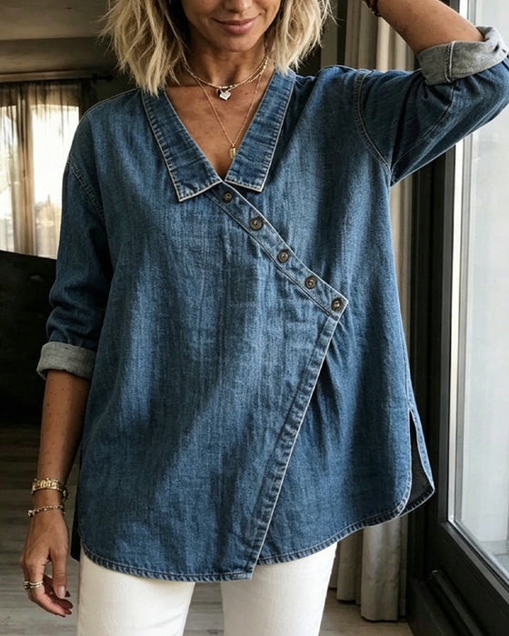 Blouse Effen Diagonale Knoop Knoopsgat Langmouw