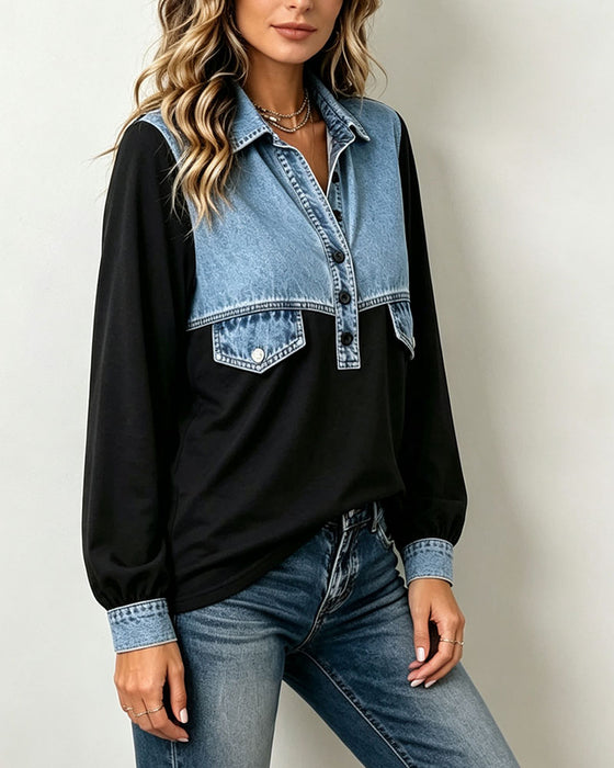 Sweatshirt Overhemdkraag Zak Patchwork