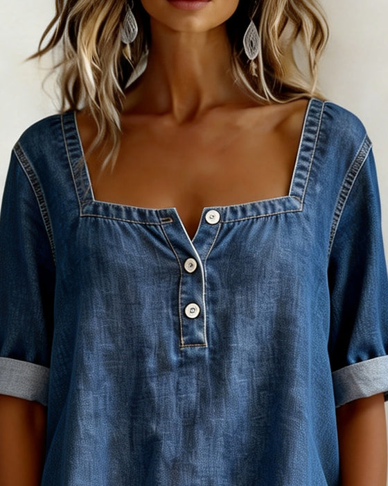 Overhemd Vierkante Hals Denim Halve Mouw
