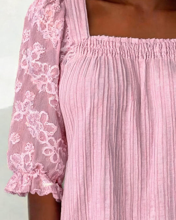 Blouse Relaxed Vierkante Hals Pofmouw Gerimpeld