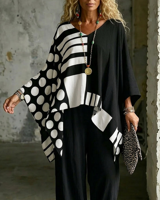 Blouse Polka Dot Streep Patchwork V Hals