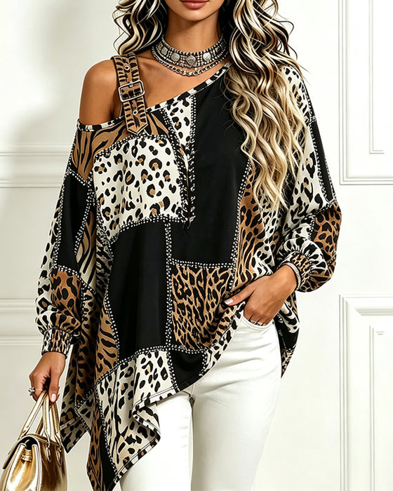 Blouse Luipaard Print Patchwork Asymmetrische Hals Lange Mouw