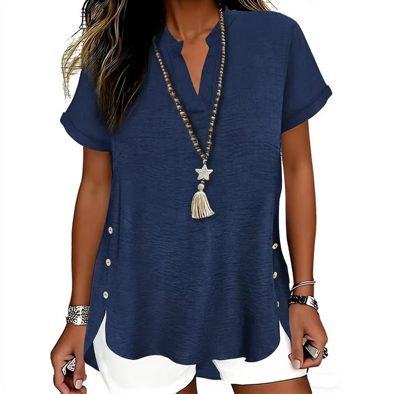 Blouse Effen Zijsplit Korte Mouw