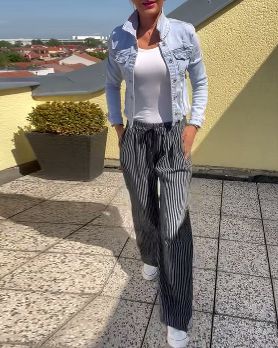 Losse, casual, gestreepte, rechte broek