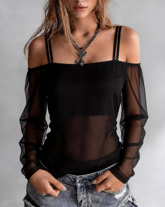 T-Shirt Spaghettiband Off-Shoulder Sheer