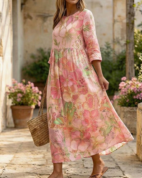 Jurk Aquarel Bloemen Driekwart Mouw Volle Rok Maxi