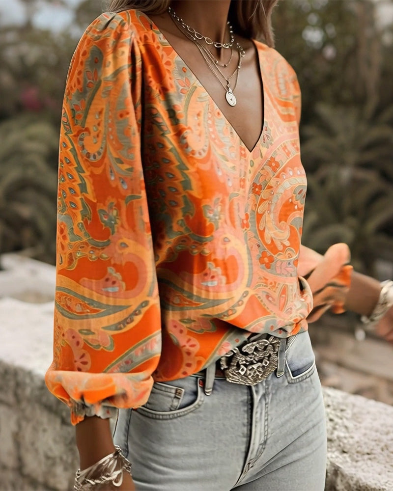 Blouse Met Patroon V-Hals Pofmouw