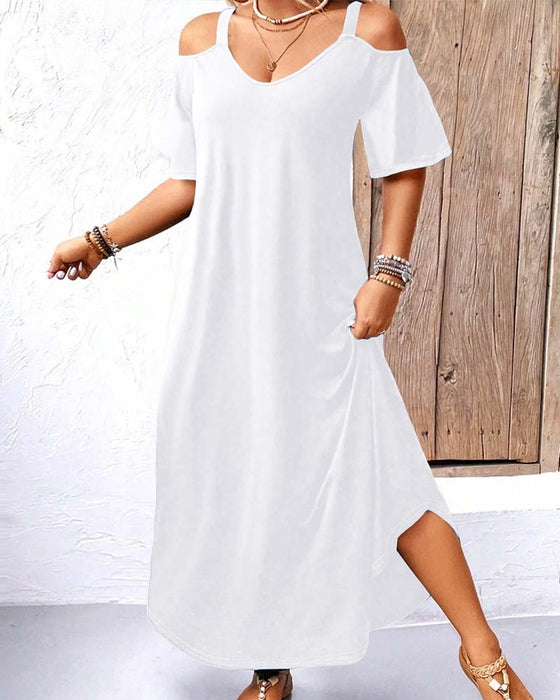Jurk Effen V-Hals Off-Shoulder Lang