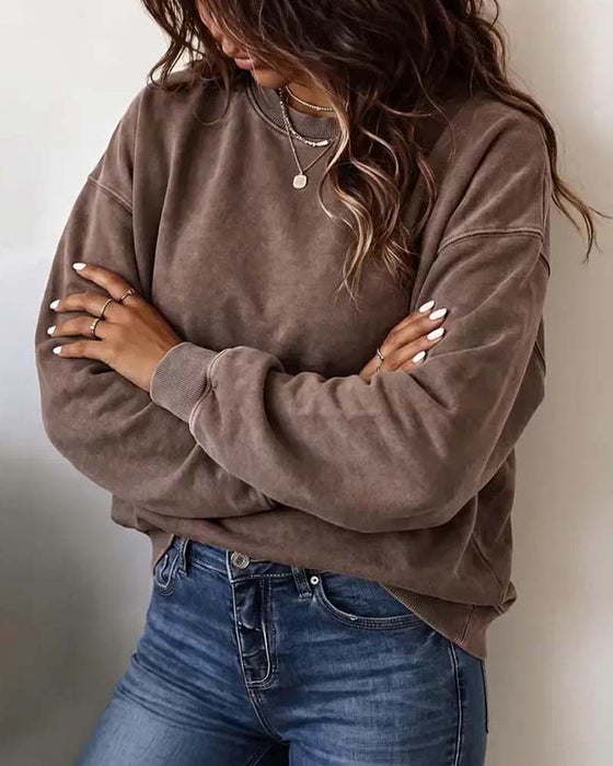 Sweatshirt Ronde Hals Afvallende Schouder Lange Mouw Los