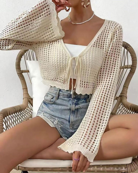 Cardigan Eenvoudig Effen Hol Uit Strand